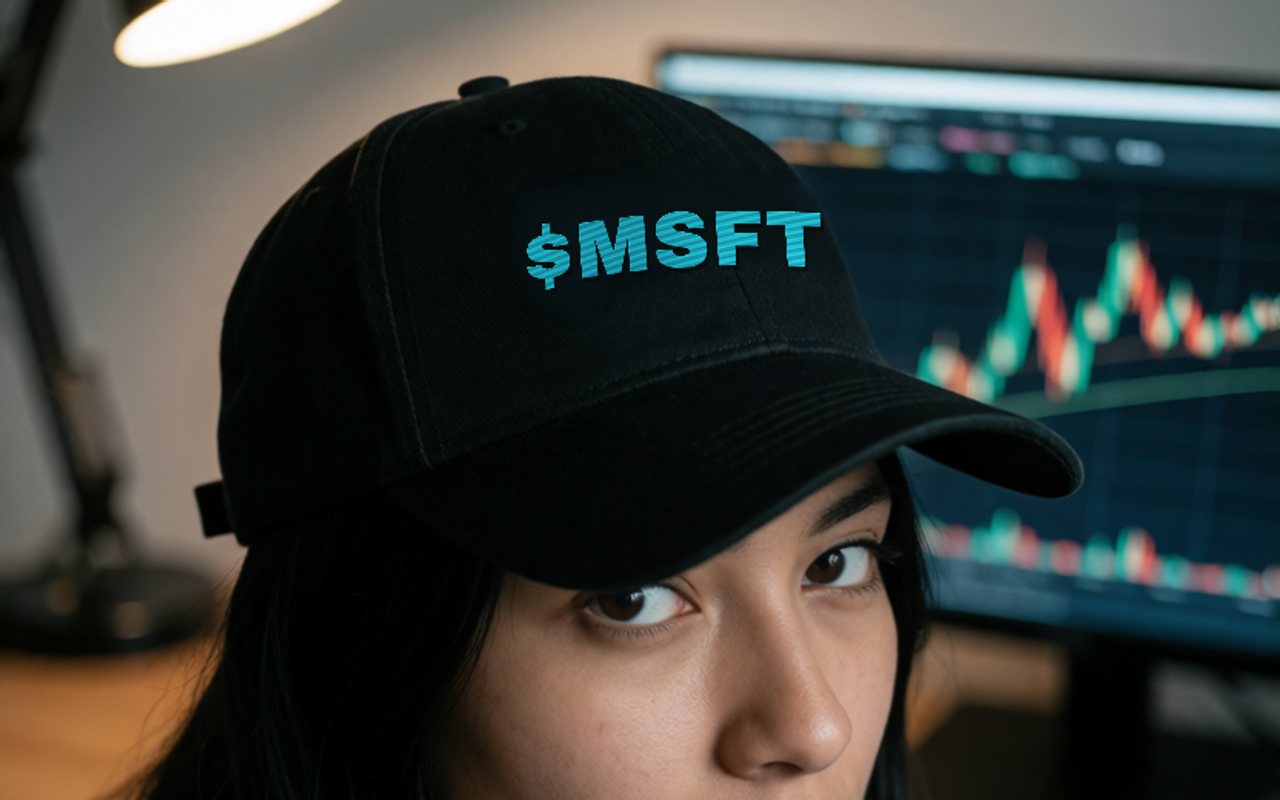 Lifestyle photo — ticker cap at a desk with charts